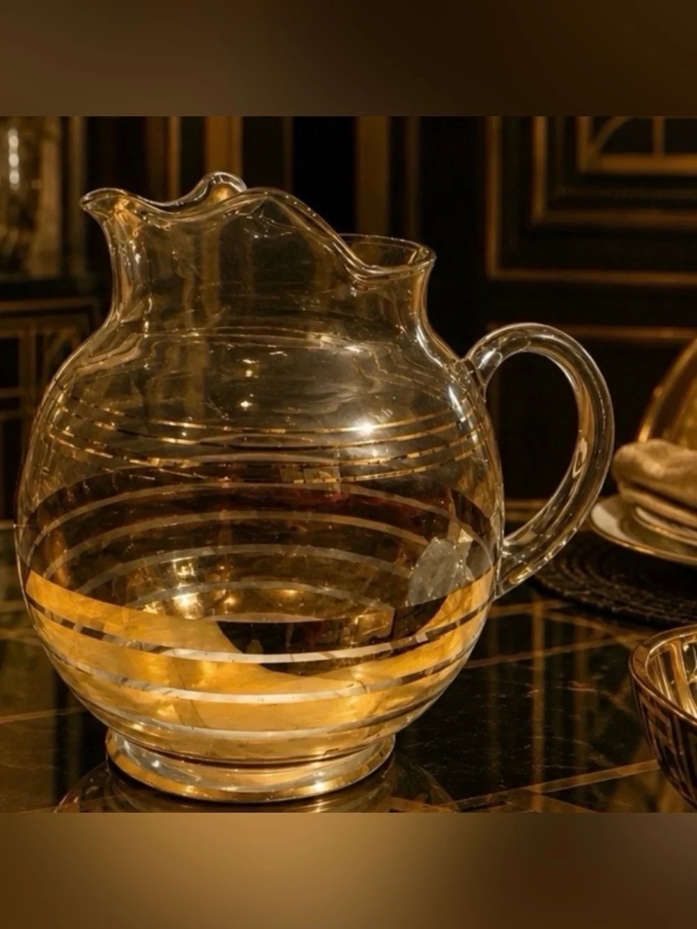 Antique Fine Art Clear Glass REAL 22k GOLD Original Vintage PITCHER Striped Deco